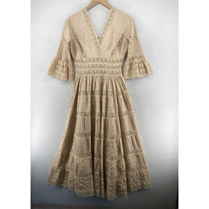 Dress S Pleated Lace Surplice V-Neck Bell Sleeve Tiered VTG Boho Wedding Beige